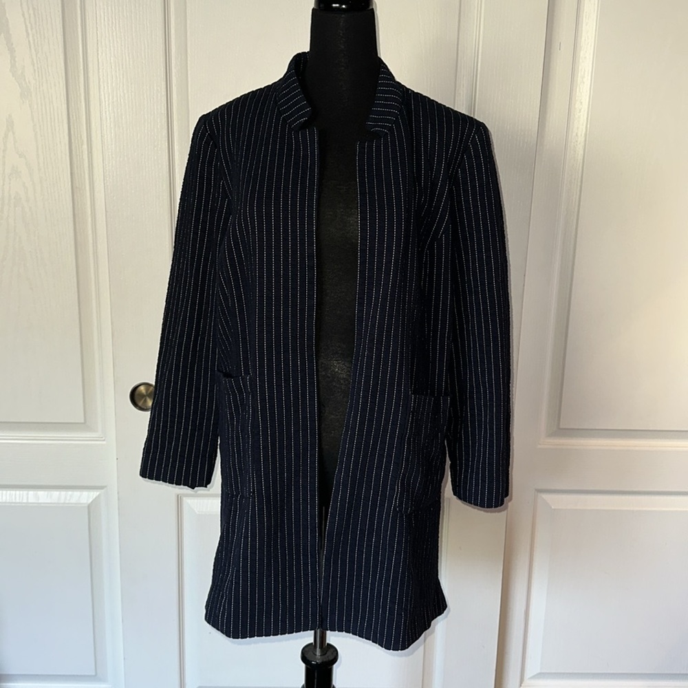 NWOT CHICOS NAVY STRIPE CAR COAT LONG BLAZER JACKET